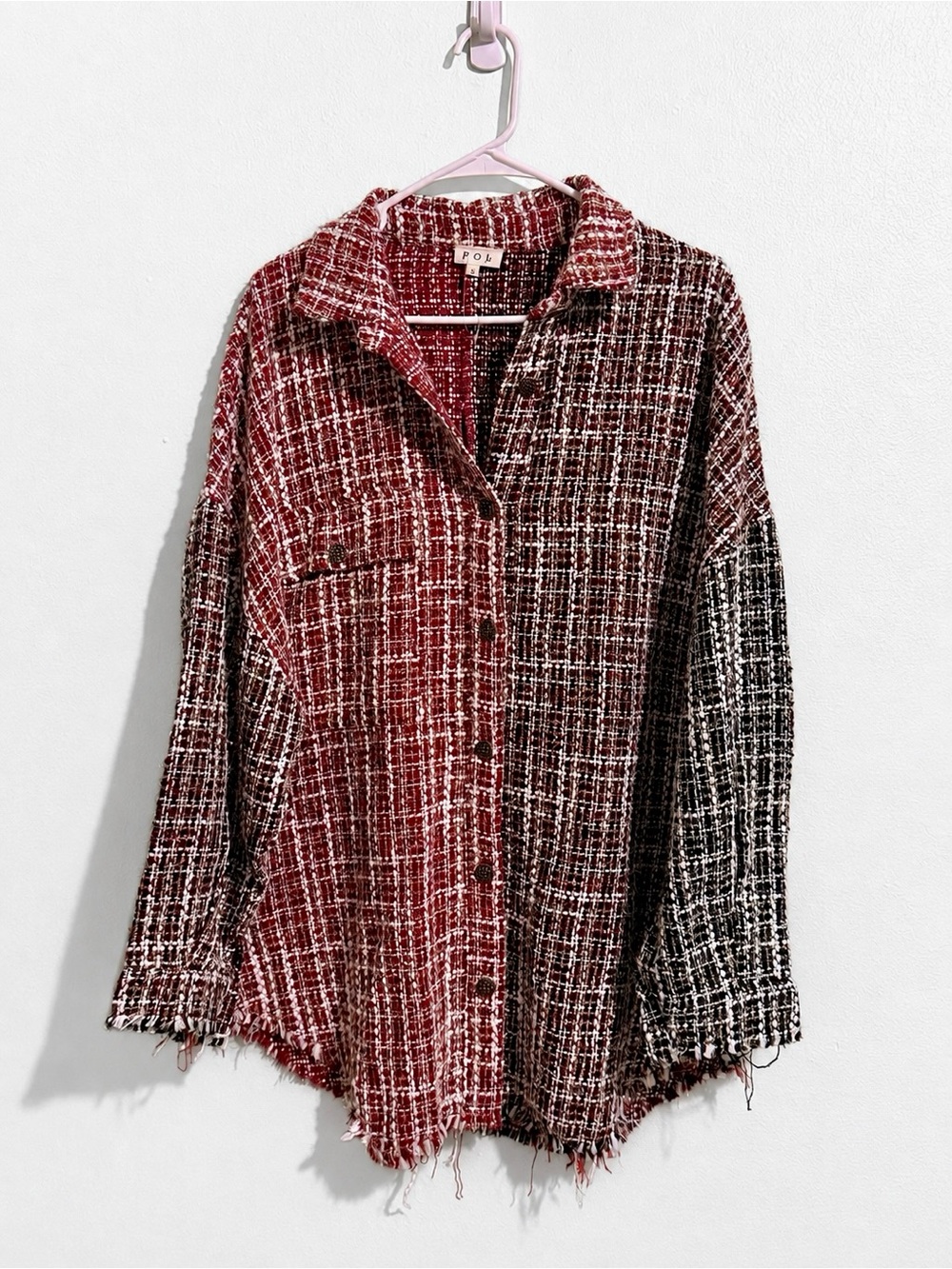 POL Tweed Button-Front Oversized Shacket in Red and Black EUC